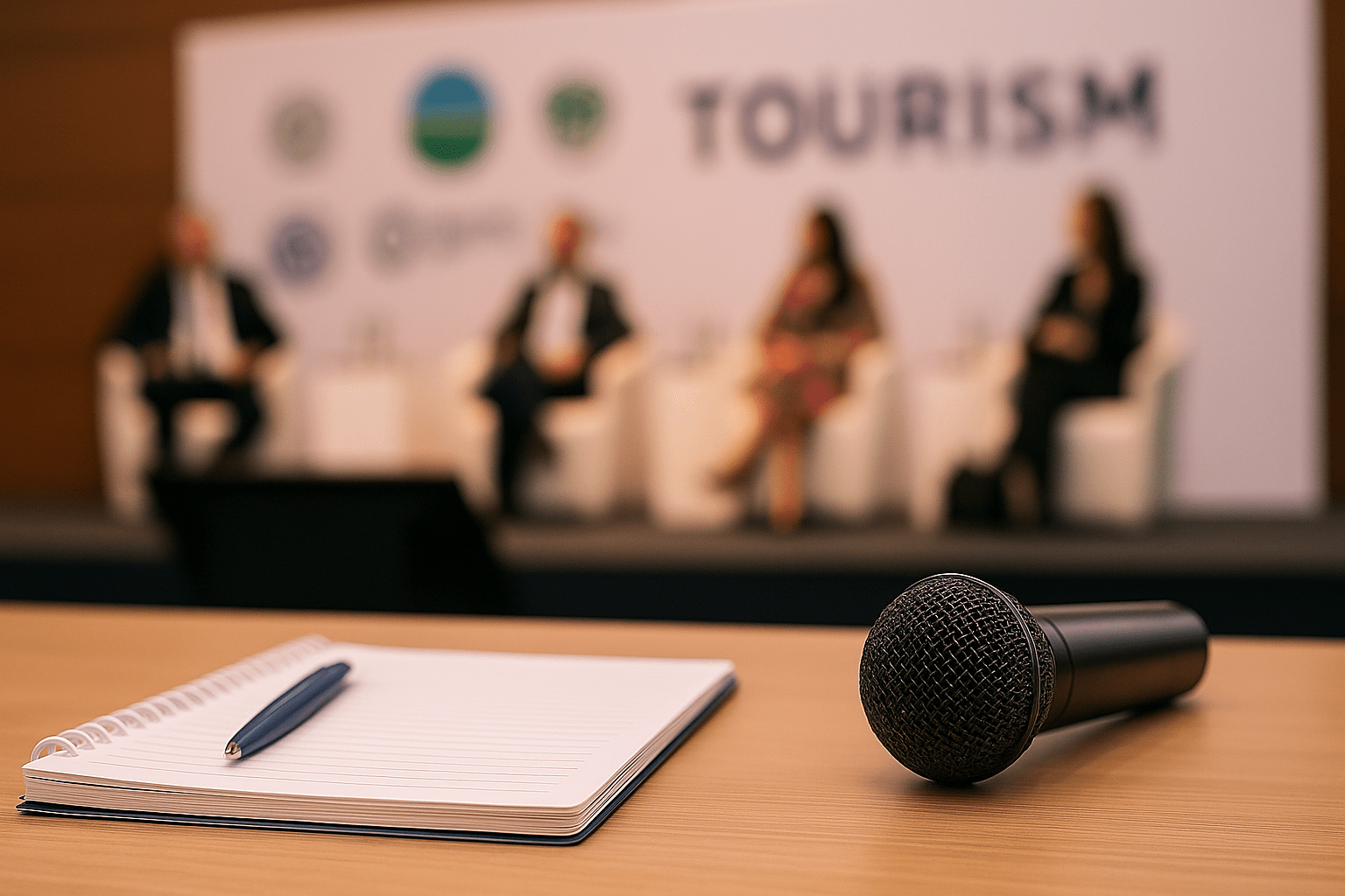 Micrófono y libreta sobre una mesa sin ocupar, al fondo un evento turístico con logos visibles. Un símbolo del espacio que los medios están dejando —o les están quitando— en la industria.