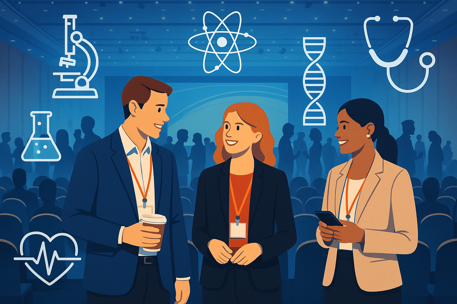 Texto alternativo con propósito de la imagen: Una ilustración digital muestra un congreso médico en un gran auditorio, con íconos flotantes de ciencia, salud y networking que simbolizan la conexión entre conocimiento científico y la industria de reuniones. La imagen busca transmitir la esencia de los congresos médicos como espacios de intercambio profesional y generación de valor.