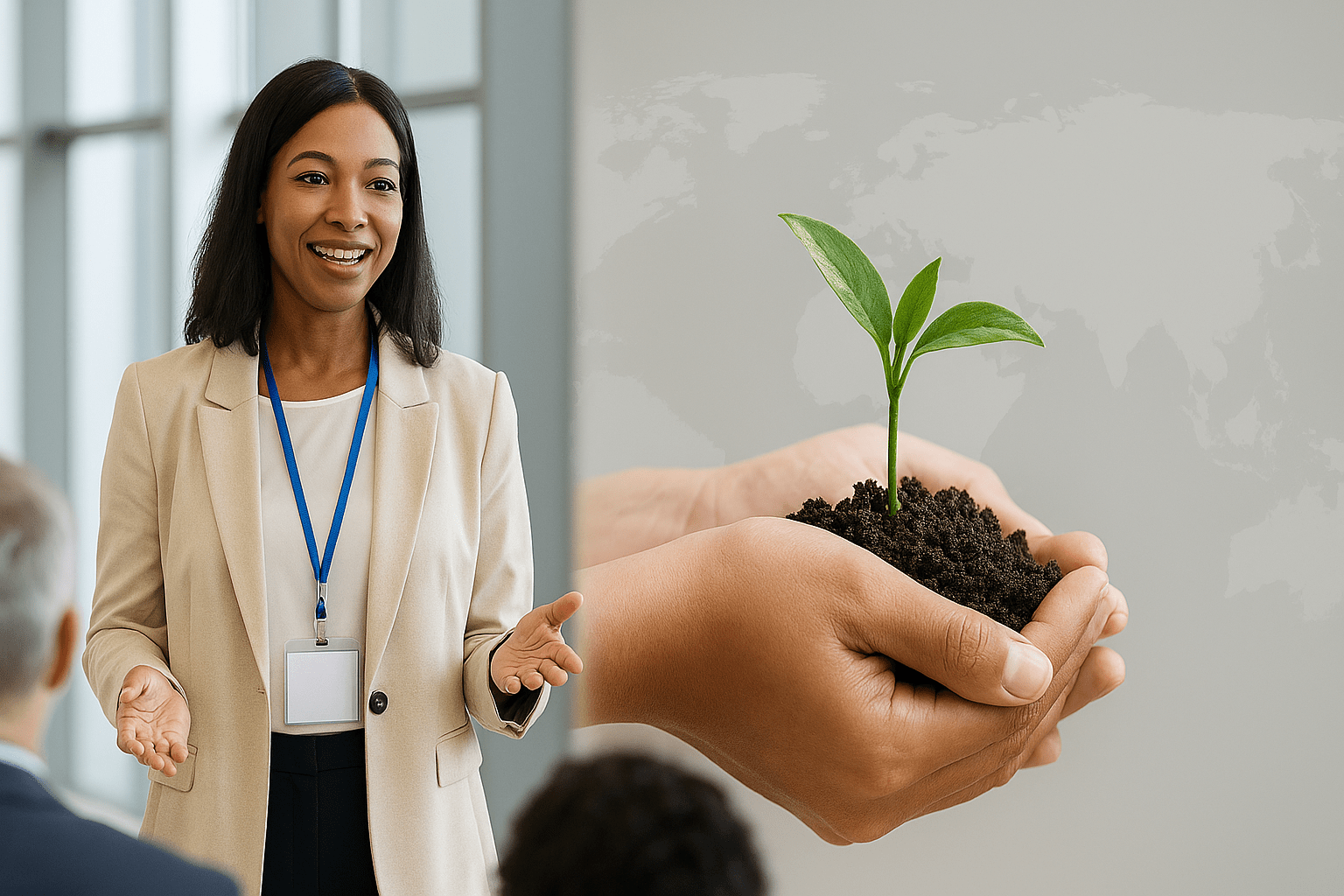 Una mujer profesional se dirige con seguridad a una audiencia en un entorno corporativo moderno, mientras, a su lado, unas manos sostienen una planta joven con tierra fértil, simbolizando el crecimiento, la sostenibilidad y el impacto positivo. La imagen transmite liderazgo, compromiso ambiental y evolución profesional, valores que definen el nuevo perfil del organizador de congresos en la industria de reuniones.