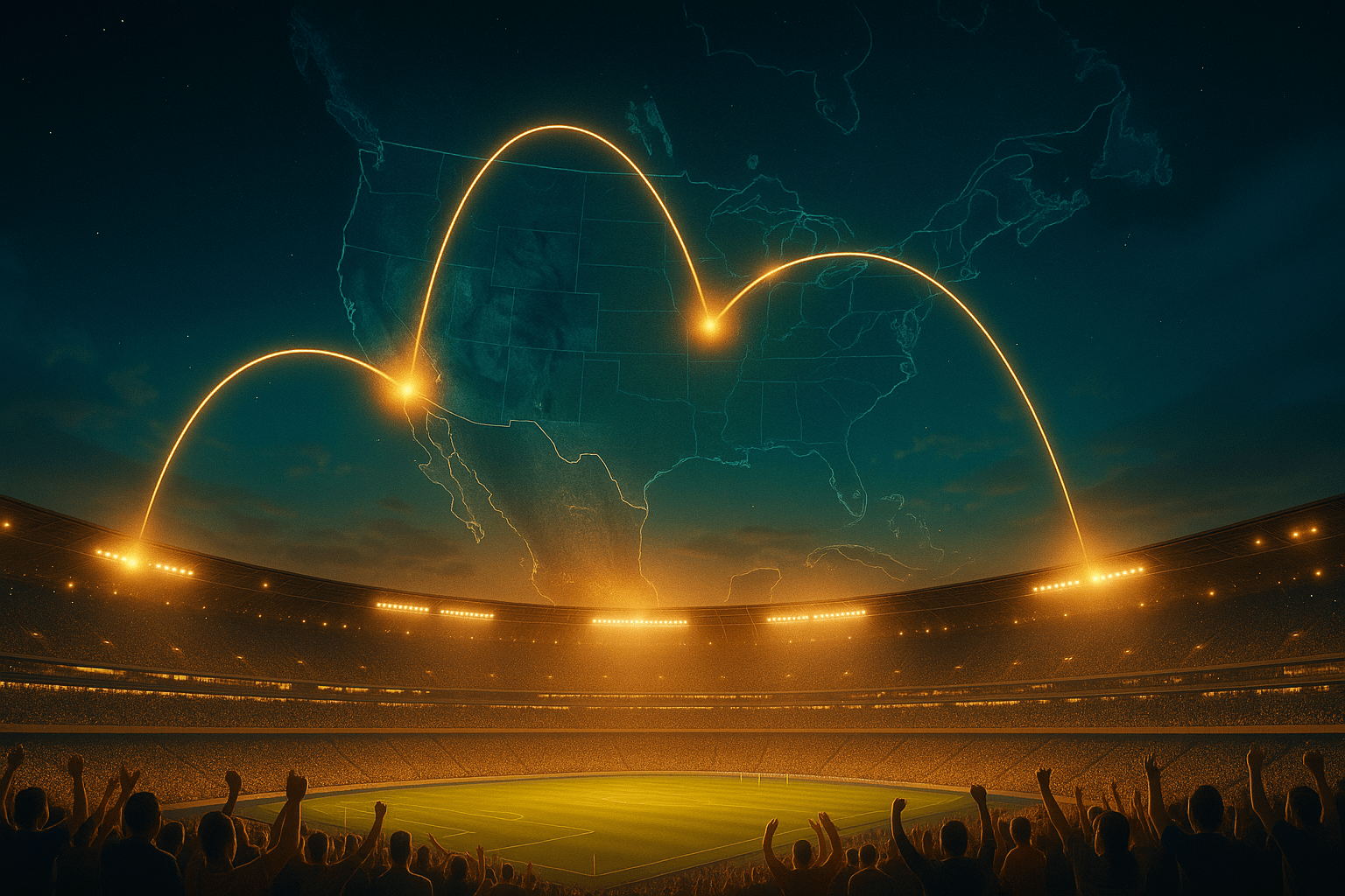 Mapa de Norteamérica iluminado con trayectorias de conexión entre sedes del Mundial 2026, visto desde un estadio lleno de público.