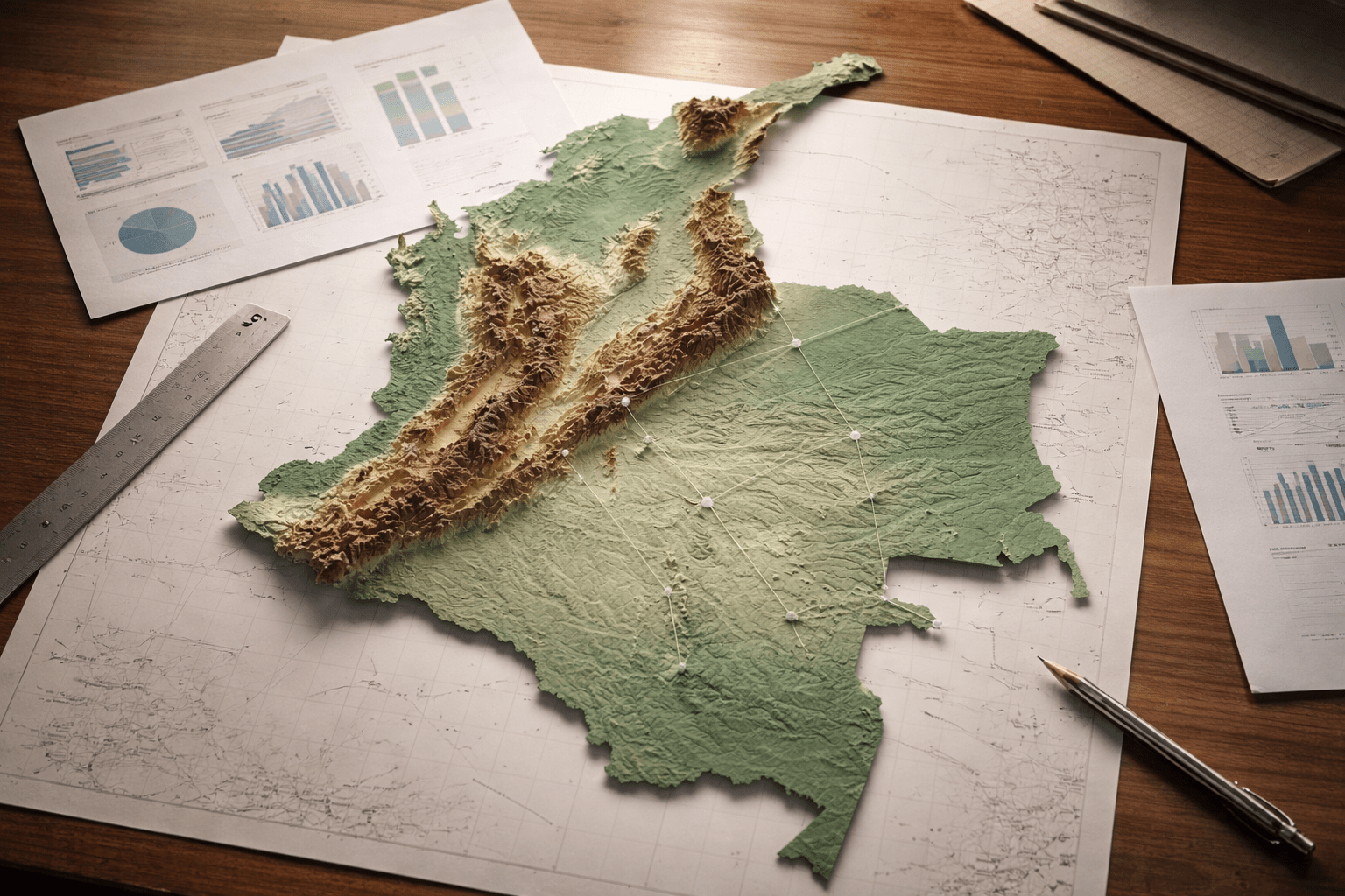 Mapa topográfico de Colombia sobre mesa de trabajo con regla metálica y documentos de planeación, representando estrategia y profesionalización del sector MICE