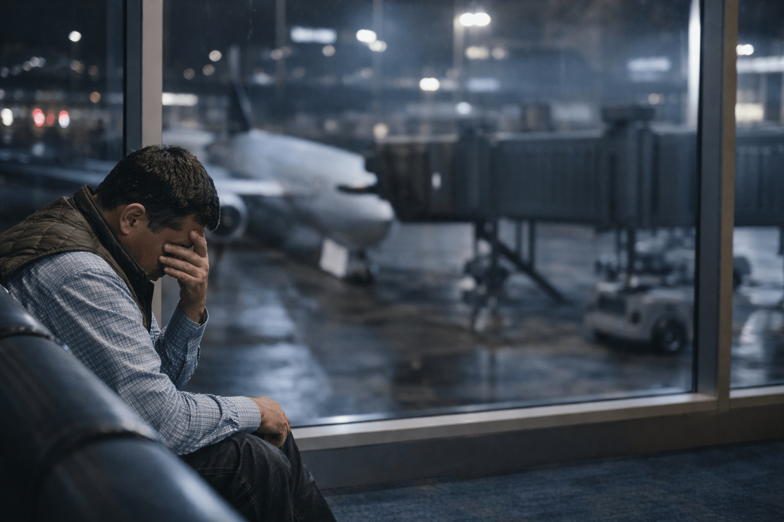 Pasajero en aeropuerto tras cancelación de vuelo, reflejando el impacto de la operación aérea en el turismo de reuniones