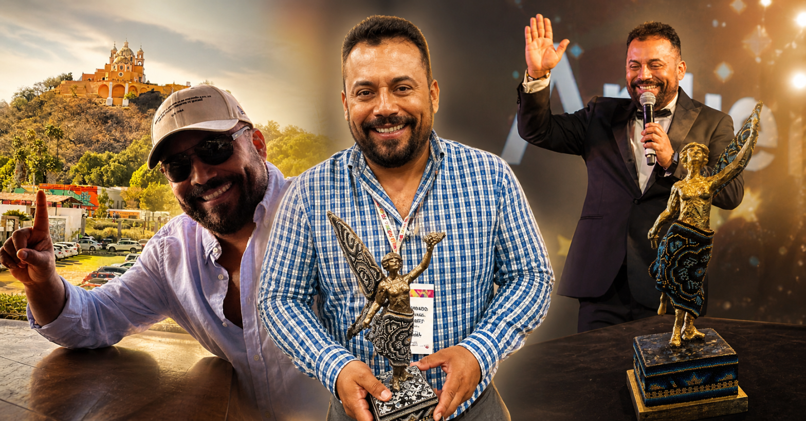 Fotomontaje de Fidel Ovando en distintos momentos de su trayectoria, acompañado por el símbolo del Ángel del Turismo, reconocimiento emblemático de la industria turística mexicana