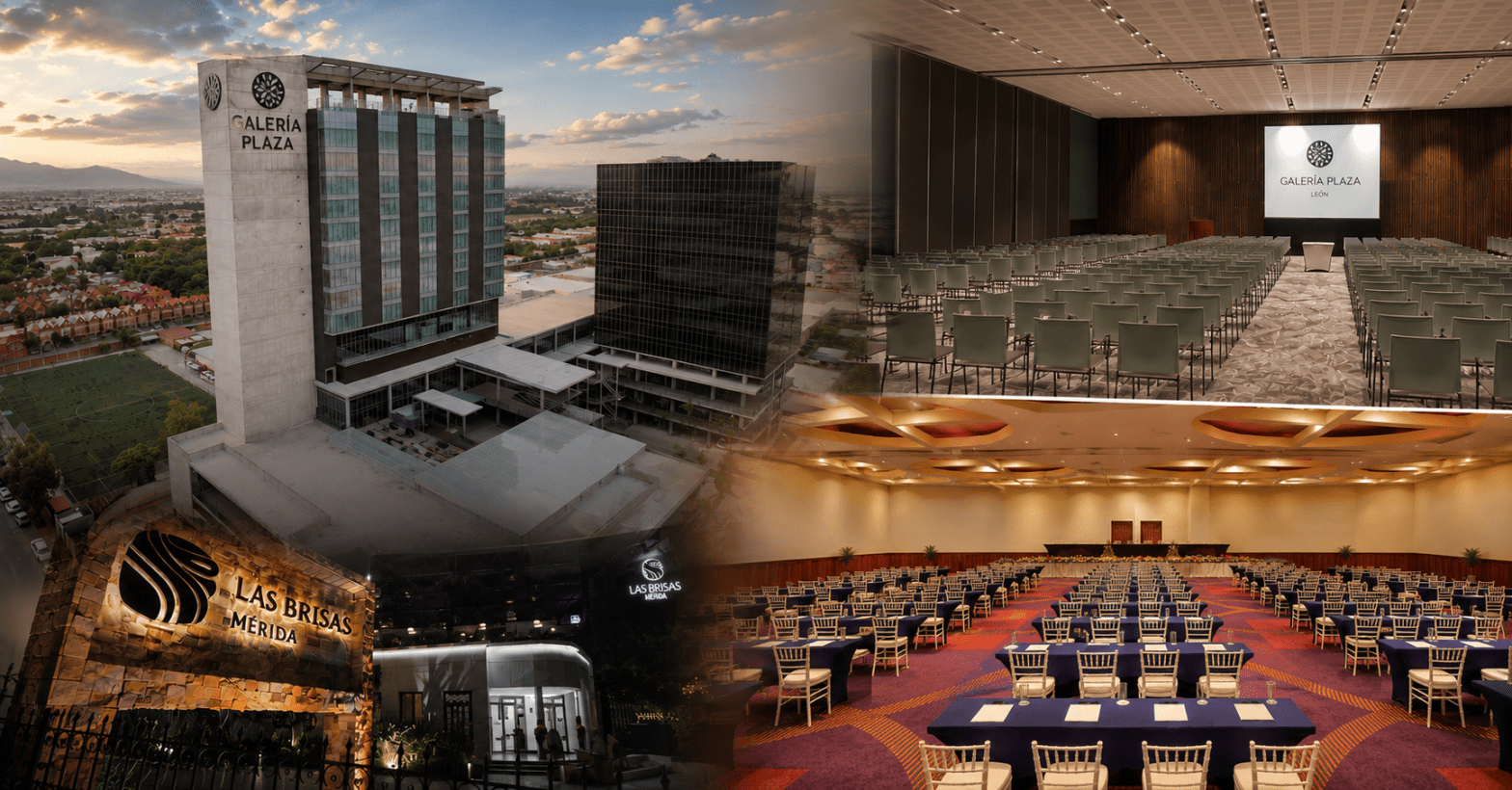 Collage editorial de hoteles y salones de eventos de Grupo Brisas y Galería Plaza, enfocado en la Industria de Reuniones, con espacios corporativos, arquitectura contemporánea y montaje para convenciones