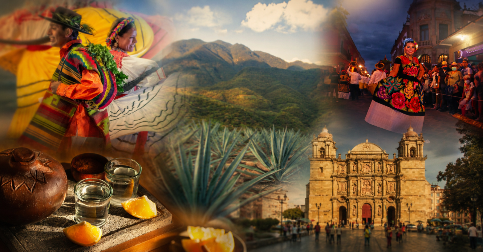 Collage visual de Oaxaca con mezcal, agaves, danza tradicional, arquitectura histórica y paisajes montañosos