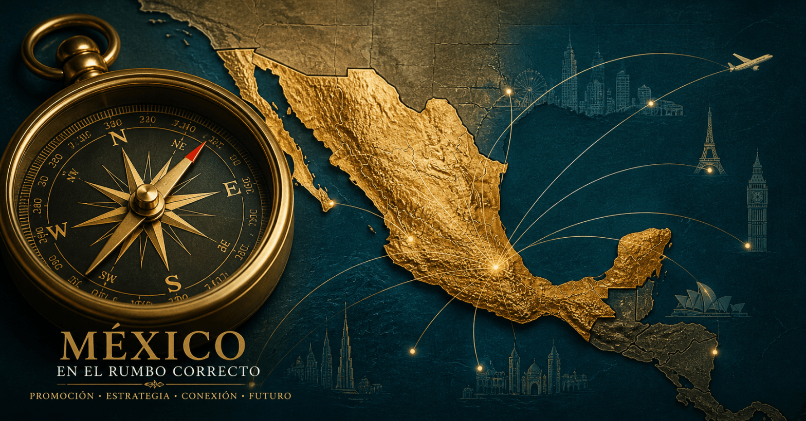 Brújula dorada sobre mapa de México con conexiones globales, símbolo de estrategia y promoción turística nacional