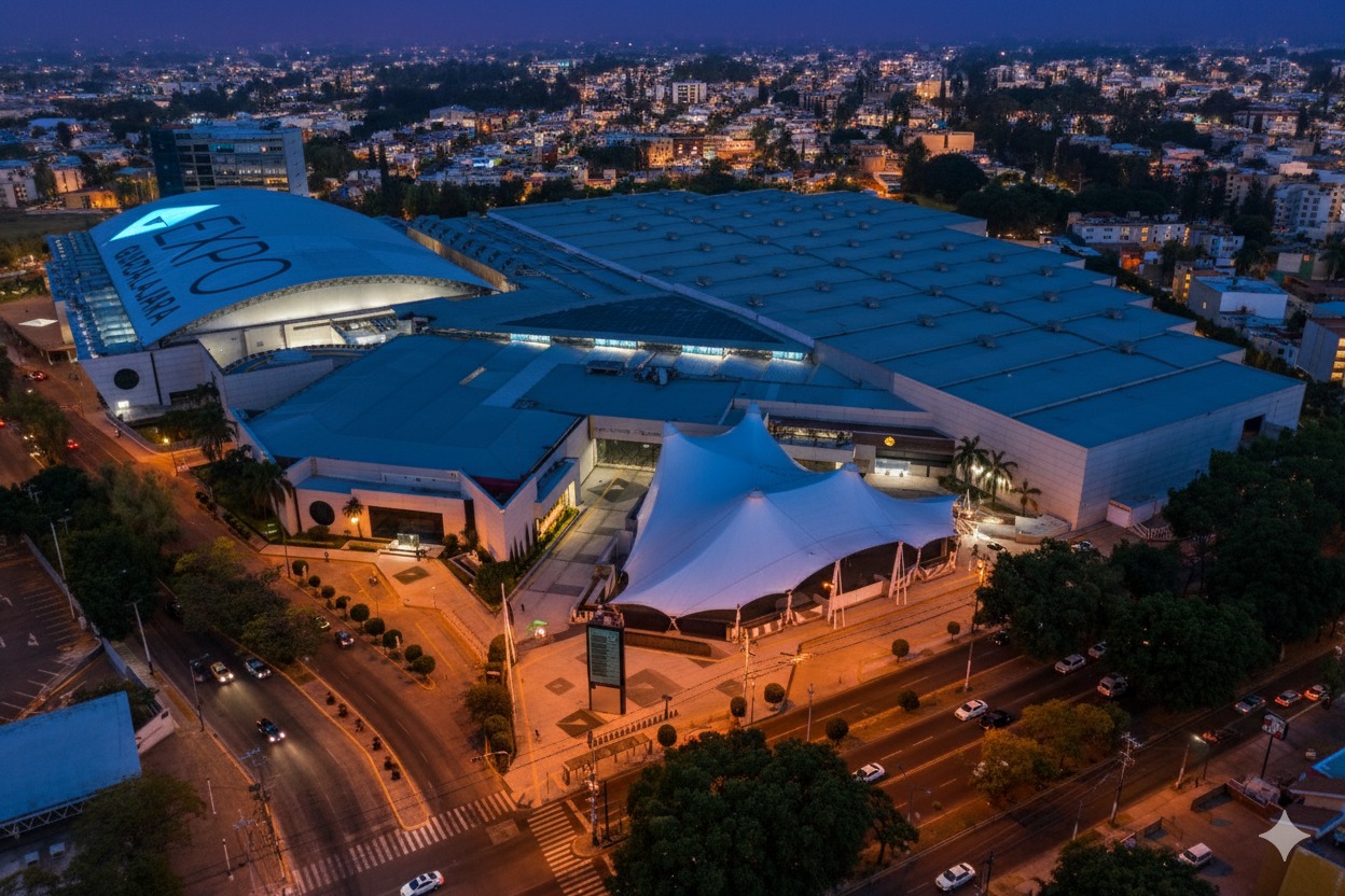 Vista aérea nocturna de Expo Guadalajara, uno de los recintos para eventos y exposiciones más importantes de América Latina, ubicado en Guadalajara, Jalisco