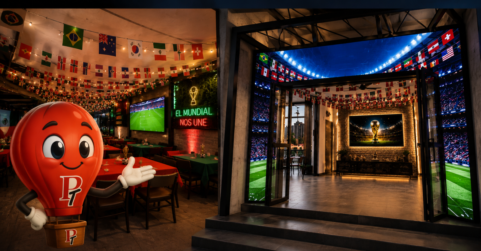 Collage editorial de Foro 49 Event House en Ciudad de México, mostrando su terraza temática mundialista, acceso principal decorado con motivos futbolísticos y a Pano, la mascota de Panorama Turístico, en un entorno inspirado en el Mundial 2026