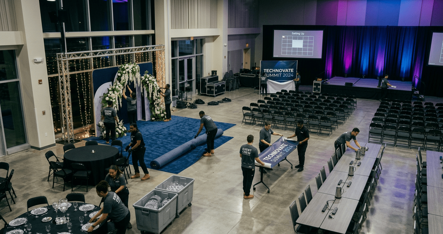 Event crew preparing Technovate Summit 2024 venue with flower arch, stage, and tables