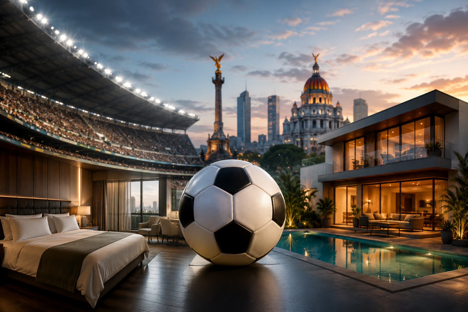 Ilustración conceptual que representa el impacto del Mundial de Futbol en la hotelería y las rentas vacacionales en México, con un estadio, un hotel, un alojamiento turístico y un balón al centro