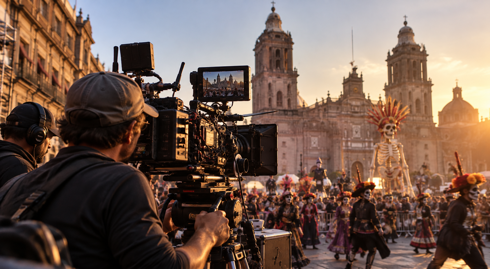 Equipo de filmación con cámara profesional frente a la Catedral Metropolitana de la Ciudad de México, durante una recreación cinematográfica del Día de Muertos.